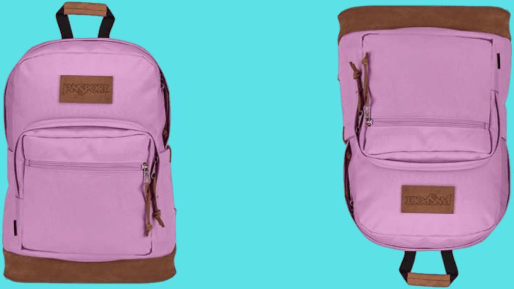 purple jansport backpack leather bottom